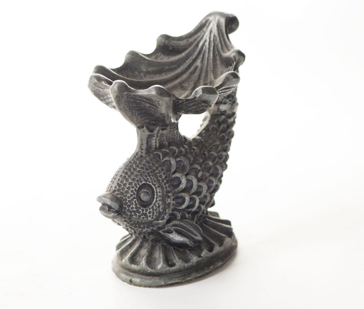 Retro fish figurine stand, heavy metal fish figurine for jewelry or small ashtray, Slavic folk fish figurine grey, home decor fish gift