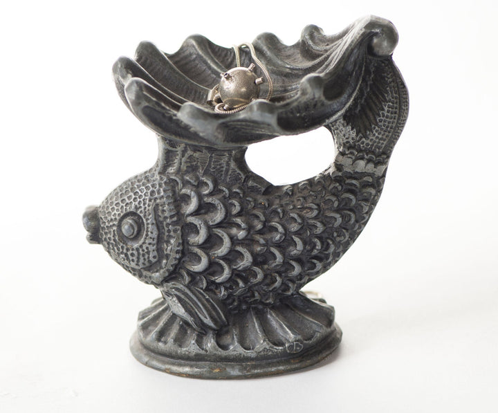 Retro fish figurine stand, heavy metal fish figurine for jewelry or small ashtray, Slavic folk fish figurine grey, home decor fish gift