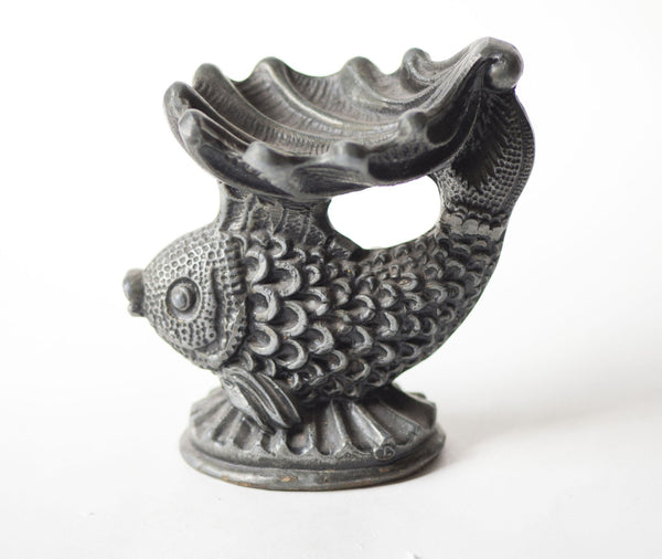 Retro fish figurine stand, heavy metal fish figurine for jewelry or small ashtray, Slavic folk fish figurine grey, home decor fish gift