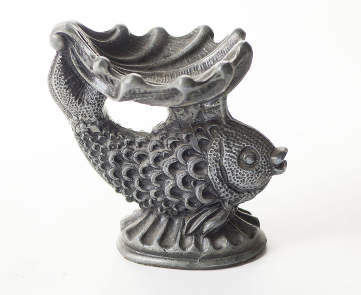 Retro fish figurine stand, heavy metal fish figurine for jewelry or small ashtray, Slavic folk fish figurine grey, home decor fish gift