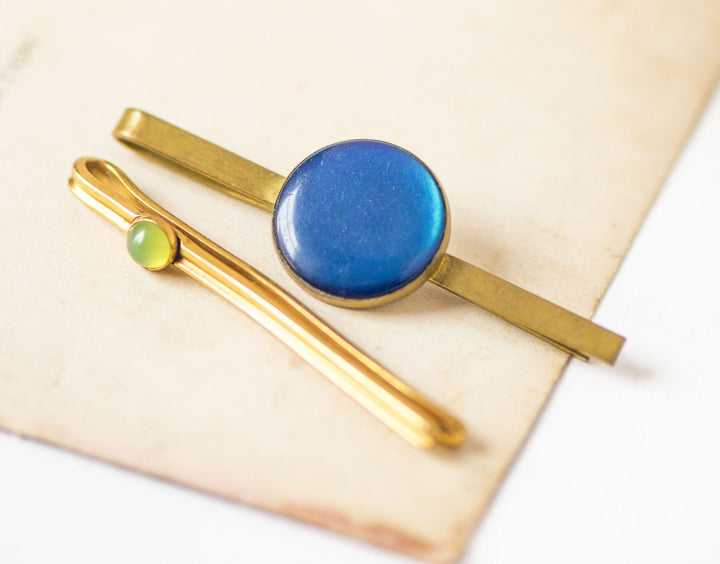 Brass tie clips set 2, round decor retro clips for men, gold navy green shades tie clips, small clips, classical tie clips simple fun gift