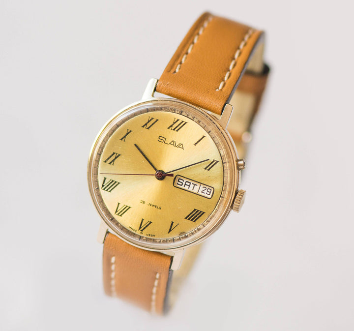 Modern unisex watch Glory vintage, gold plated men watch, light yellow face watch him, minimalist watch for men, new premium leather strap