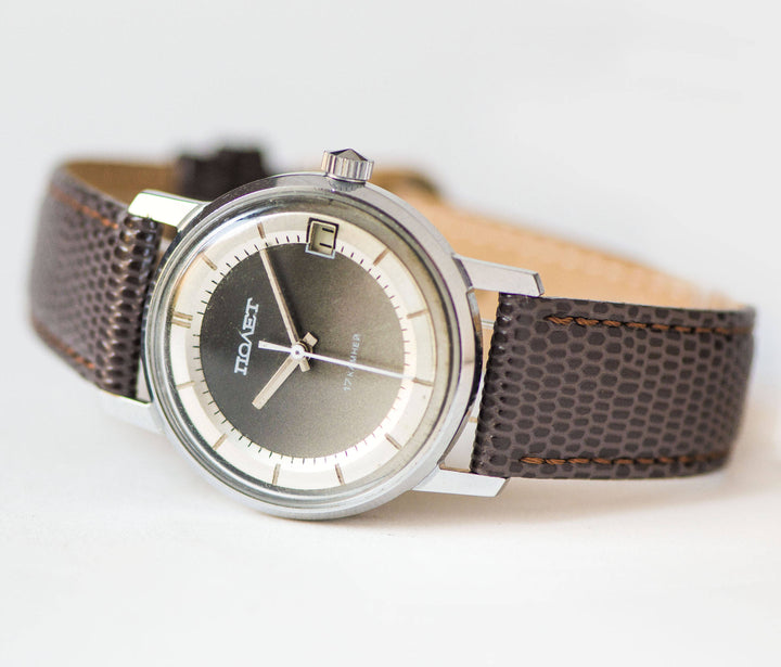 Faded grey men's wristwatch Poljot Flight, men's watch vintage, dress watch classic gray, boyfriend's watch gift, new premium leather strap