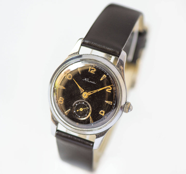 Men's watch KAMA black 1950, watch Soviet rare, classic men watch vintage, dress watch 50s fashion, new premium leather strap