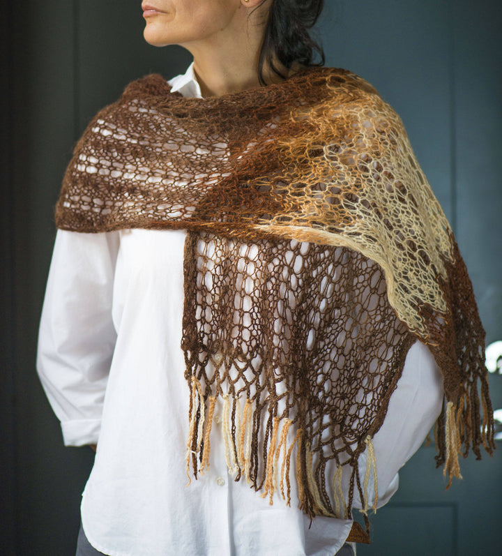 Knitted lace shawl faded beige brown wool, long knitted wrap for women, Lacy knit wrap chocolate shade, handmade shawl warm, handmade scarf