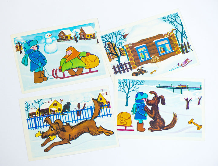 Soviet cartoon Me and Jack postcards set 15, nursery decor vintage kids and dog postcards, story in 15 postcards Russian, 70s kids animation