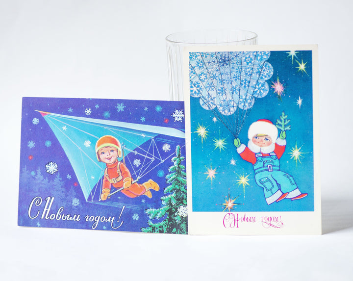 New Year's postcards Flying greetings, vintage Russian Happy Holidays postcards set 2, parachutist postcard blank, hang gliding boy greeting