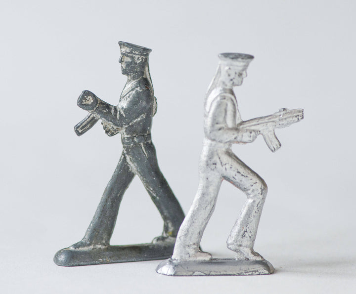 Vintage tiny soldiers set 2, pewter toys guns broken, Soviet naval infantry toys, collectable grey silver painted toys USSR, soldiers toys