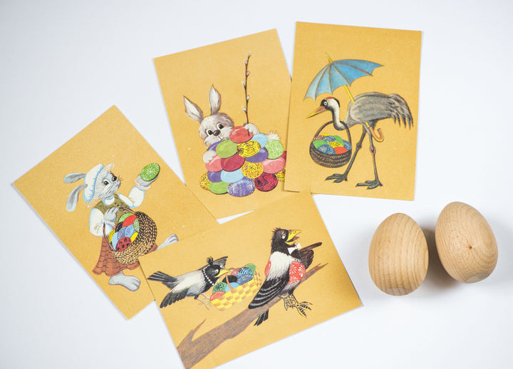 Easter postcards set 4, blank Easter postcards vintage made by artist in 1990s, Bunny Easter Eggs cards, Crane bird eggs, Magpies egg Easter