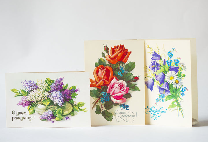 Flowers postcards set 3 greetings, blank Birthday cards roses lilac, USSR postcard floral botanical paper ware, summer flowers postcard gift