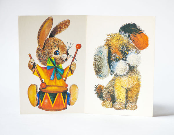 Kids Birthday postcards Bunny Dog, set 2 blank children postcards Bunny drummer and Puppy, Greetings postcards, USSR postcards paper ware