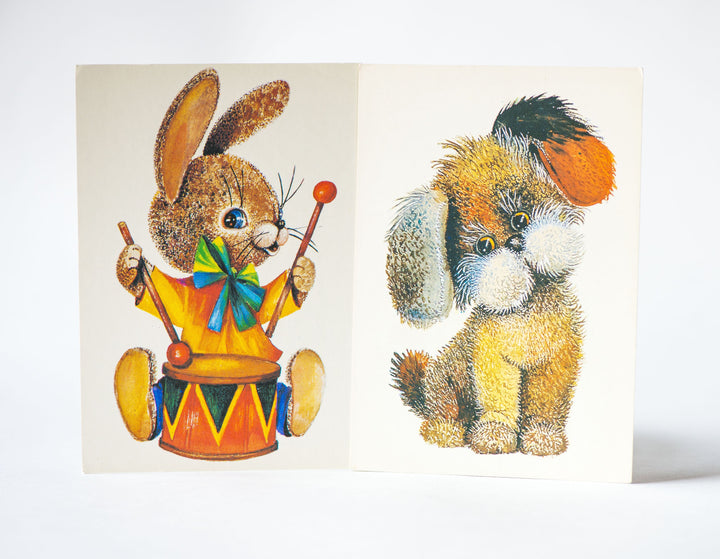 Kids Birthday postcards Bunny Dog, set 2 blank children postcards Bunny drummer and Puppy, Greetings postcards, USSR postcards paper ware