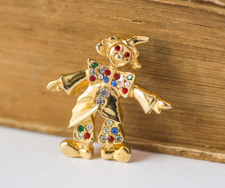 Clown Brooch vintage Goldtone Rhinestone, Circus Clown Pierrot pin, Vintage Costume Jewelry Ronni clown lapel pin, Rhinestone brooch clown