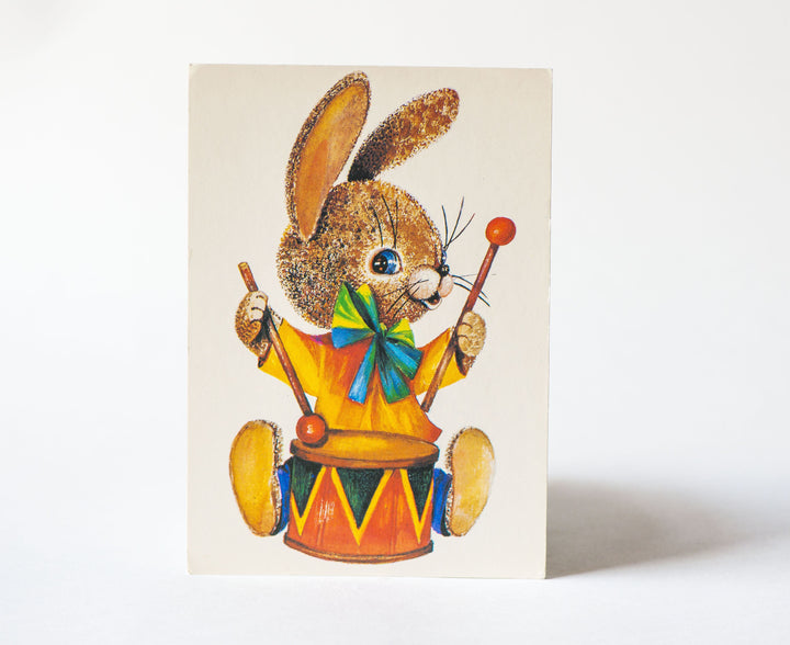 Kids Birthday postcards Bunny Dog, set 2 blank children postcards Bunny drummer and Puppy, Greetings postcards, USSR postcards paper ware