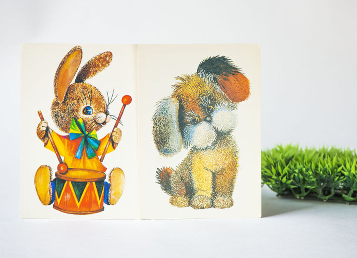 Kids Birthday postcards Bunny Dog, set 2 blank children postcards Bunny drummer and Puppy, Greetings postcards, USSR postcards paper ware