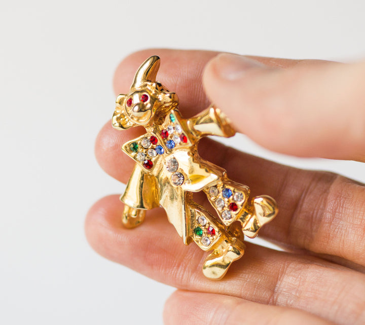 Clown Brooch vintage Goldtone Rhinestone, Circus Clown Pierrot pin, Vintage Costume Jewelry Ronni clown lapel pin, Rhinestone brooch clown