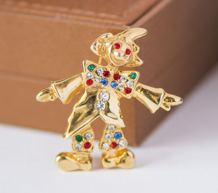 Clown Brooch vintage Goldtone Rhinestone, Circus Clown Pierrot pin, Vintage Costume Jewelry Ronni clown lapel pin, Rhinestone brooch clown