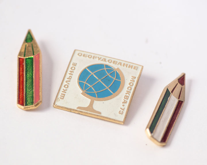 Vintage Soviet pins 2 pencils, globe badge in cyrillic, fun teen kids pins USSR, red green white orange shades pins lapel pins gift from 70s