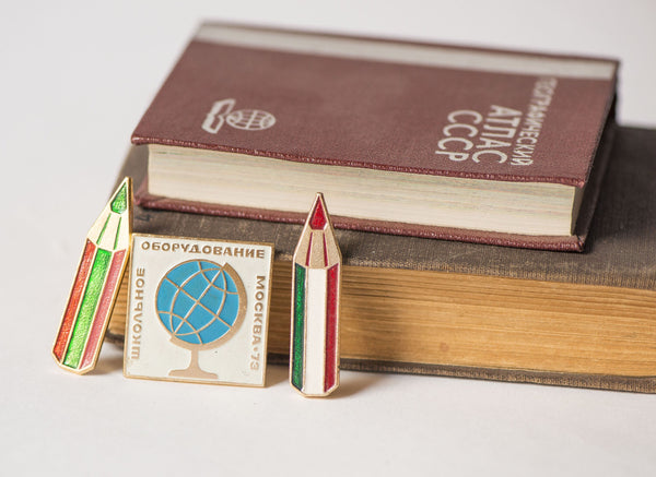 Vintage Soviet pins 2 pencils, globe badge in cyrillic, fun teen kids pins USSR, red green white orange shades pins lapel pins gift from 70s