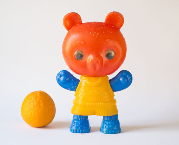 Vintage plastic bear toy big, eye rolling bear red yellow blue moving hands head legs, Soviet kid toy lightweight bear nursery room decor