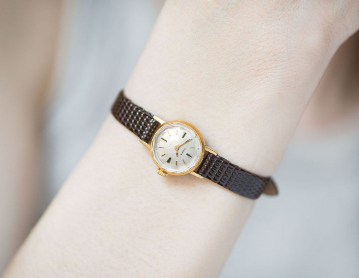 Small chic watch for women gold plated Seagull, minimalist wristwatch feminine jewelry gift, micro watch angular cover, new leather band