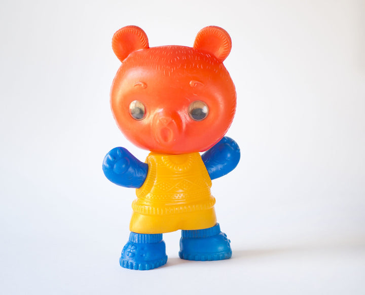 Vintage plastic bear toy big, eye rolling bear red yellow blue moving hands head legs, Soviet kid toy lightweight bear nursery room decor