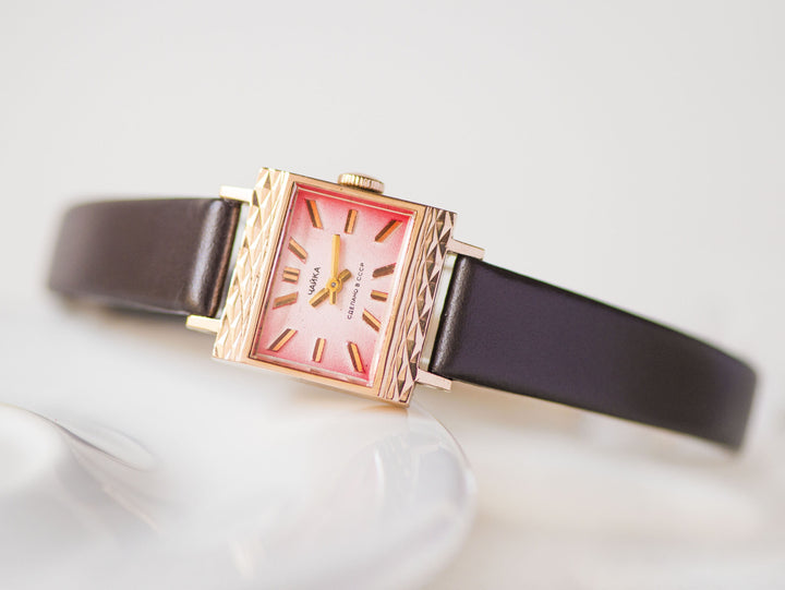 Solid gold 14K chic wristwatch for women Seagull, vintage cocktail watch square, pink dial watch minimalist jewelry new premium leather band