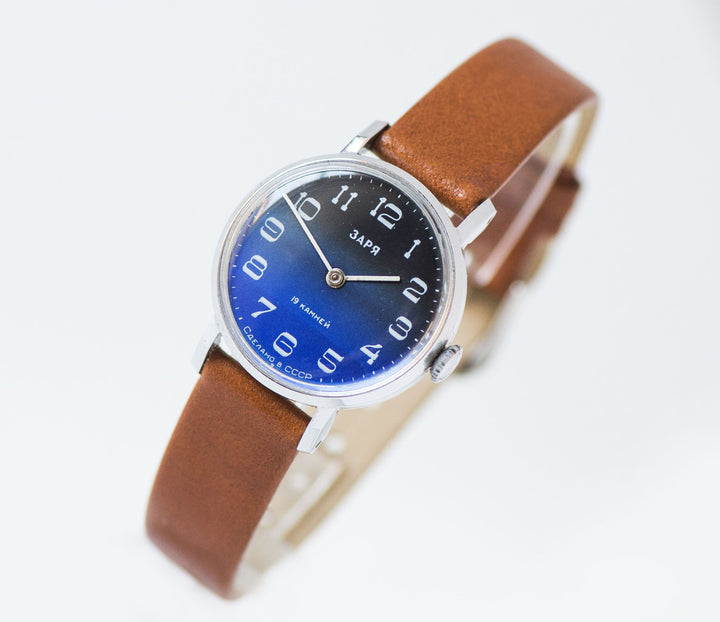 Mint condition women watch blue minimalist, vintage teen wristwatch Dawn, Arabic numerals watch round preppy gift, new genuine leather strap