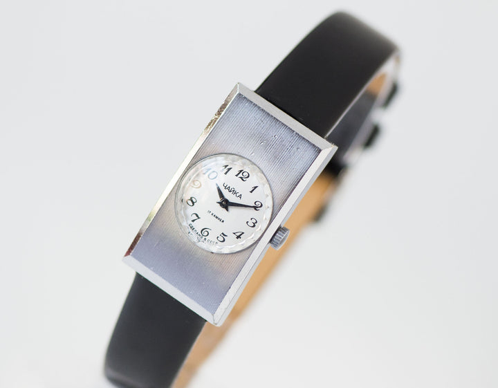 Avant garde Women watch rectangular Seagull, vintage modern design wristwatch for women, silver shade watch gift, new genuine leather band