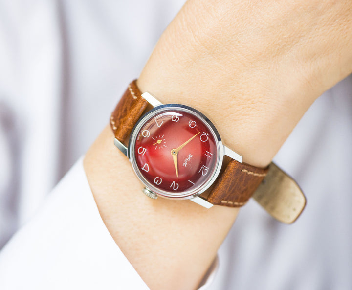 Burgundy dial men's watch vintage, tomboy wristwatch round case ZIM, oversized boyfriend wristwatch red gift, new premium leather strap