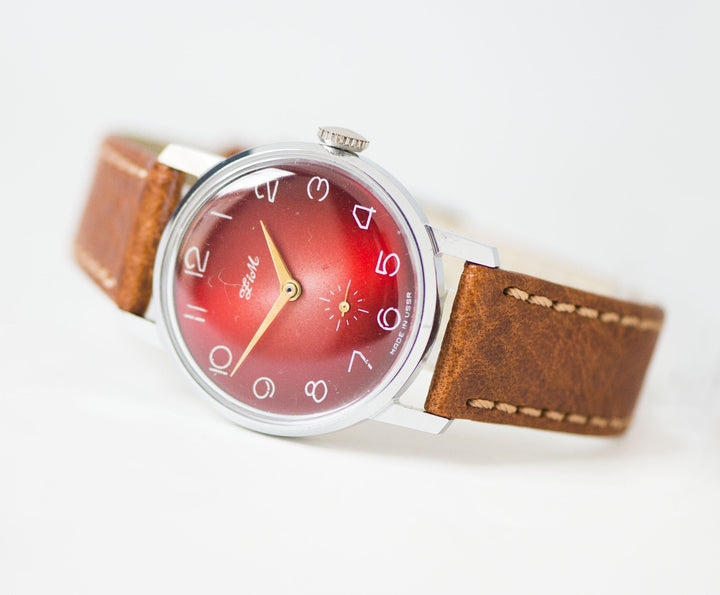 Burgundy dial men's watch vintage, tomboy wristwatch round case ZIM, oversized boyfriend wristwatch red gift, new premium leather strap