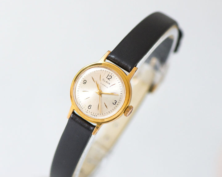 Vintage women watch Glory gold plated, minimalist watch for women very small jewelry, Arabic numerals dial watch, new premium leather strap