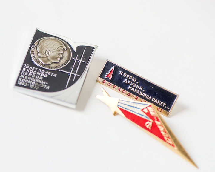 Tereshkova first spacewoman badge, set 3 vintage Soviet space flights pins rare, Soyuz 38 spacecraft pin, Voskhod 2 spaceflight mission pin