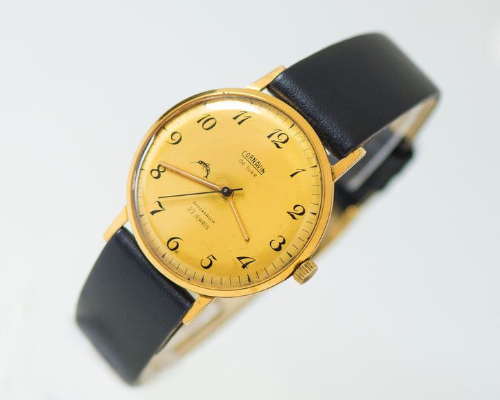 Gold plated unisex watch CORNAVIN de luxe, vintage slim dress watch unisex, boyfriend's watch sleek shockproof, new premium leather strap