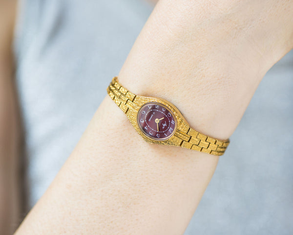 Lady's wristwatch Ray burgundy dial, gold plated women's watch bracelet, vintage cocktail watch oval dial jewelry, chic women watch gift