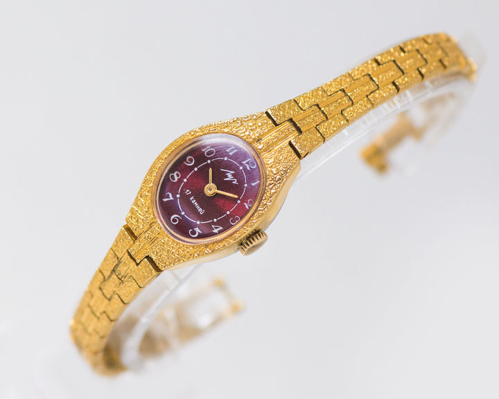 Lady's wristwatch Ray burgundy dial, gold plated women's watch bracelet, vintage cocktail watch oval dial jewelry, chic women watch gift