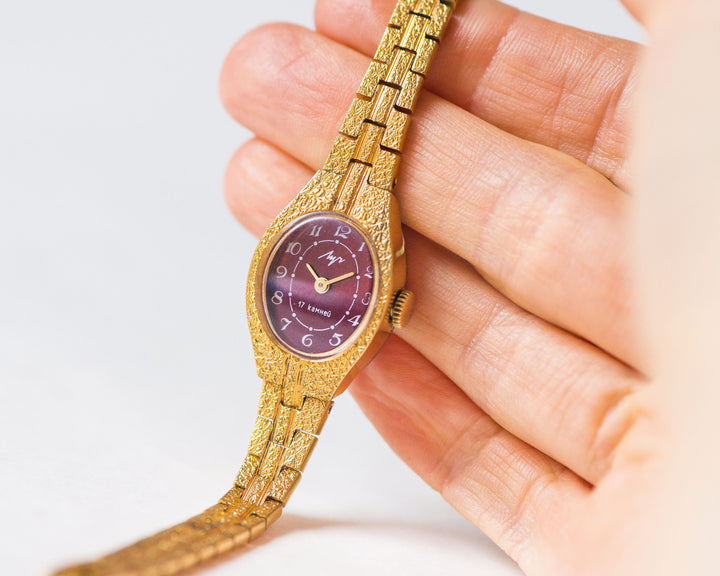 Lady's wristwatch Ray burgundy dial, gold plated women's watch bracelet, vintage cocktail watch oval dial jewelry, chic women watch gift