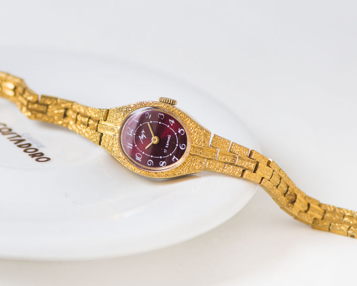 Lady's wristwatch Ray burgundy dial, gold plated women's watch bracelet, vintage cocktail watch oval dial jewelry, chic women watch gift