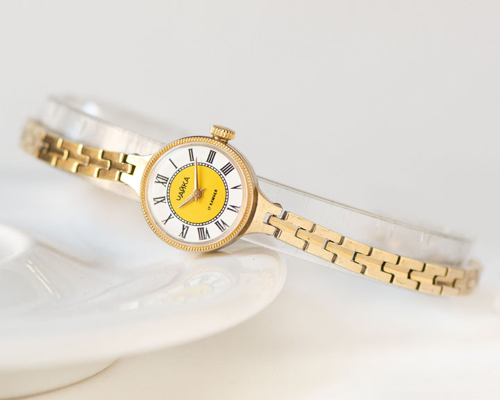 Cocktail watch for woman small, gold plated watch Seagull, lady's wristwatch bracelet mechanical, yellow face watch gift, unique women watch