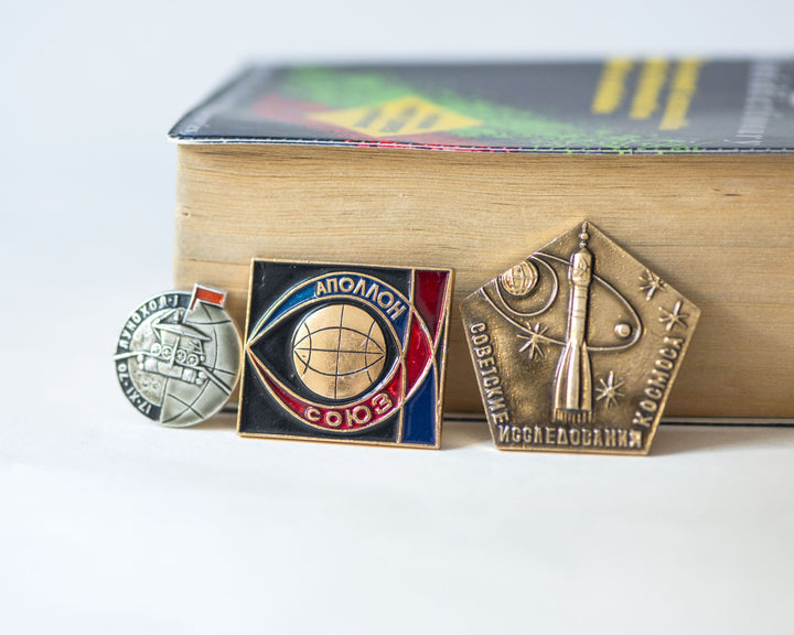 Vintage space history badges Soviet set 3, Lunokhod 1 robotic lunar pin, Space Exploration pin in Russian, Apollo Soyuz space mission pin