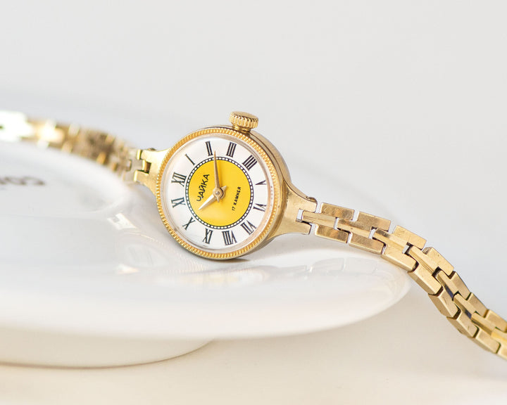 Cocktail watch for woman small, gold plated watch Seagull, lady's wristwatch bracelet mechanical, yellow face watch gift, unique women watch