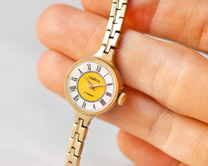 Cocktail watch for woman small, gold plated watch Seagull, lady's wristwatch bracelet mechanical, yellow face watch gift, unique women watch