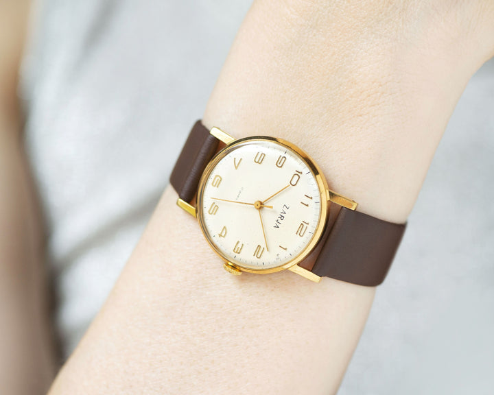 Gold plated tomboy watch Dawn, boyfriend's watch classical, unisex watch minimalist, mechanical woman watch gift, new genuine leather strap