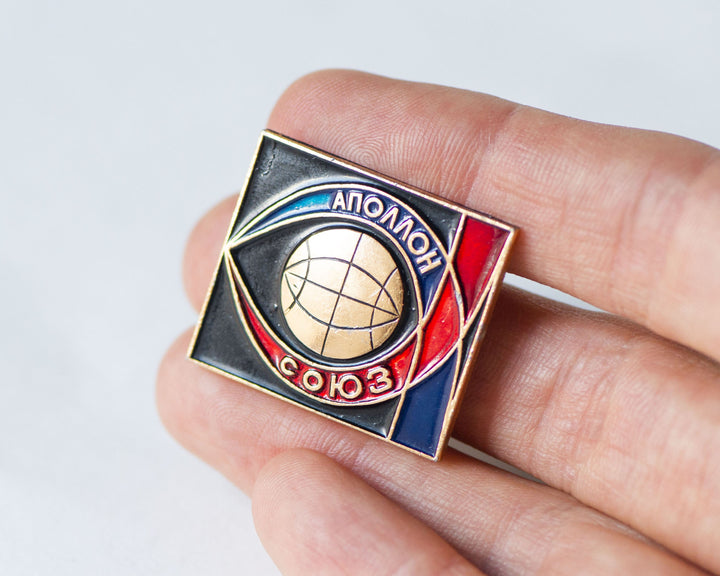 Vintage space history badges Soviet set 3, Lunokhod 1 robotic lunar pin, Space Exploration pin in Russian, Apollo Soyuz space mission pin