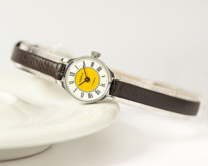 Women micro watch yellow dial Roman numerals silver shade Seagull wristwatch, vintage delicate women watch gift, new genuine leather strap