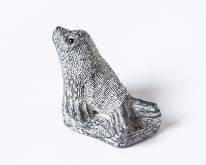 Seal Sculpture Black Stone Vintage. Wolf Original Hand Carved Soap Stone Figurine Pinniped. Paperweight Seal Made in Canada Signed Gift