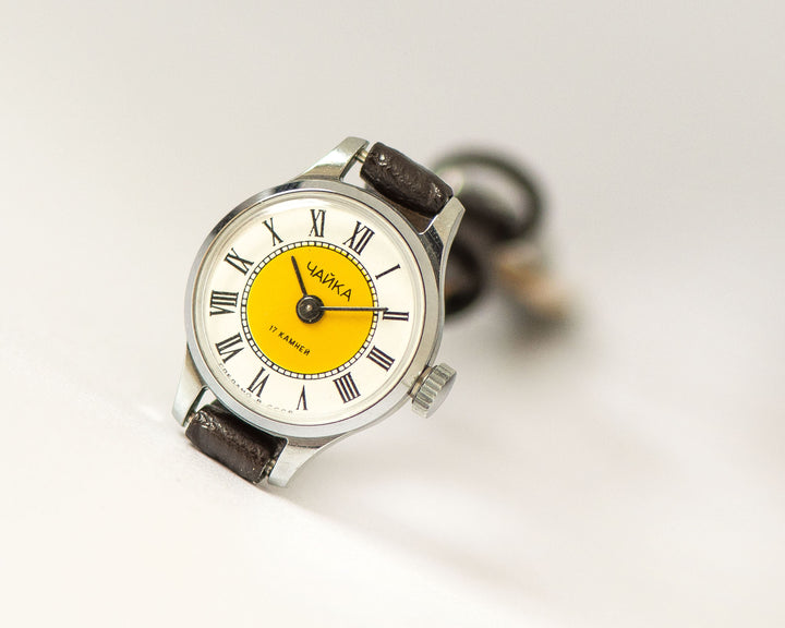 Women micro watch yellow dial Roman numerals silver shade Seagull wristwatch, vintage delicate women watch gift, new genuine leather strap