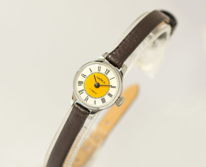 Women micro watch yellow dial Roman numerals silver shade Seagull wristwatch, vintage delicate women watch gift, new genuine leather strap