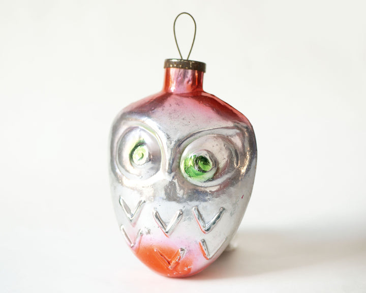 Owl Christmas glass ornament, pink green eyes bird on Christmas tree, New Year's ornament mid century thick glass Owl, very rare Noel bird