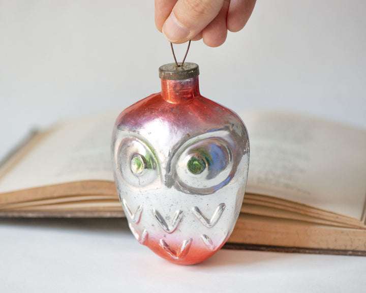 Owl Christmas glass ornament, pink green eyes bird on Christmas tree, New Year's ornament mid century thick glass Owl, very rare Noel bird